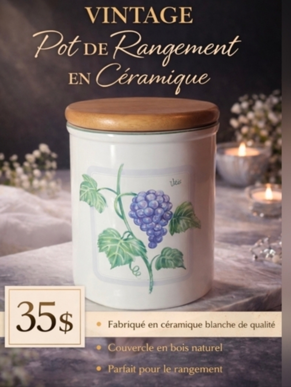 HIMARK White Ceramic Kitchen Canister with Wooden Lid